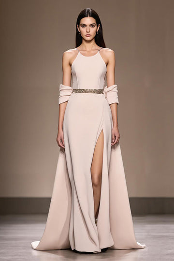 Ivory Satin A Line Halter Neck Long Formal Dress with Slit